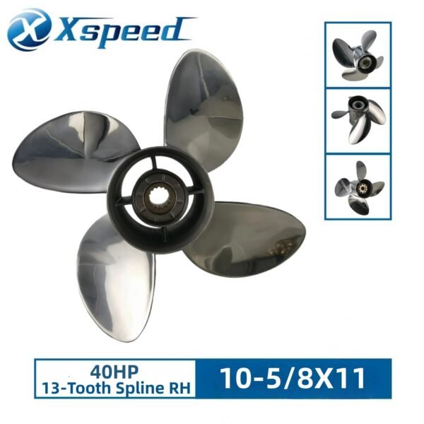 Mercury 10-5/8x11 Stainless Steel Propeller Replacement 4 Blade 13 Tooth RH 3-1/4" Gearcase 40HP for Japan Origin Tohatsu Outboard Propeller