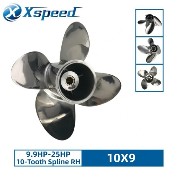 Mercury 10x9 Stainless Steel Propeller Replacement 4 Blade 10 Tooth RH 3" Gearcase 9.9-25HP Outboard Propeller