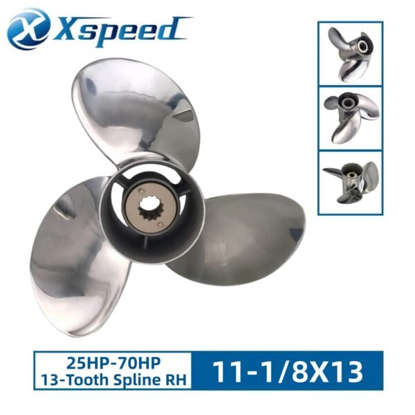 Mercury 11-1/8x13 Stainless Steel Propeller Replacement 3 Blade 13 Tooth RH 3-1/4" Gearcase 25-70HP Outboard Propeller