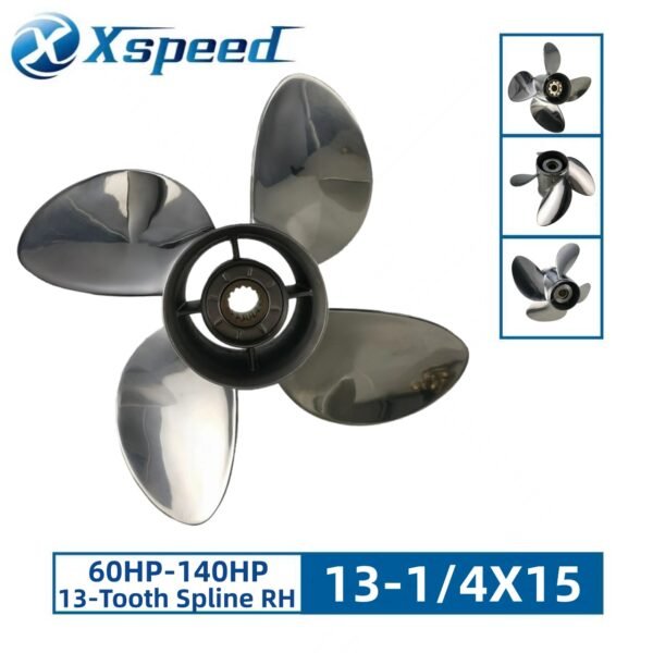 Suzuki 13-1/4x15 Stainless Steel Propeller Replacement 4 Blade 13 Tooth RH 4-1/4" Gearcase 60-140HP Outboard Propeller