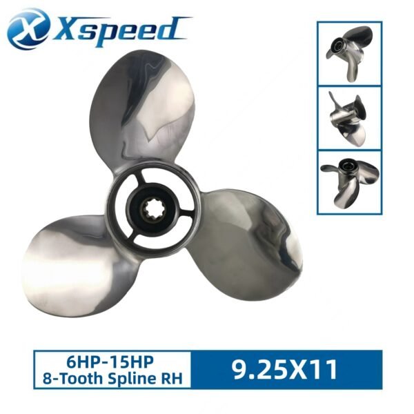 Mercury 9.25x11 Stainless Steel Propeller Replacement 3 Blade 8 Tooth RH 2-1/2" Gearcase 6-15HP Outboard Propeller