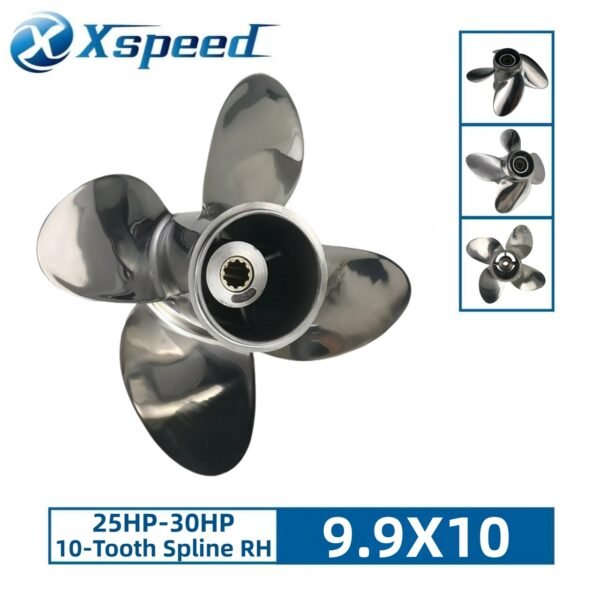 Mercury 9.9x10 Stainless Steel Propeller Replacement 4 Blade 10 Tooth RH 3" Gearcase 25-30HP for Japan Origin Tohatsu Outboard Propeller