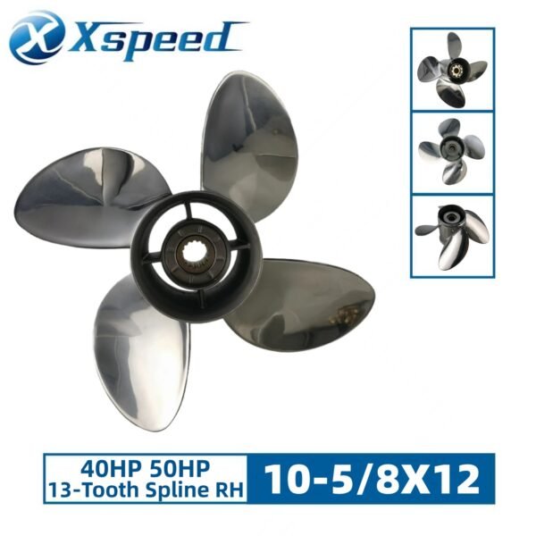 Johnson 10-5/8x12 Stainless Steel Propeller Replacement 4 Blade 13 Tooth RH 3-1/4" Gearcase 40 50HP Outboard Propeller