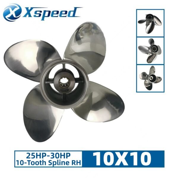 Johnson 10x10 Stainless Steel Propeller Replacement 4 Blade 10 Tooth RH 3" Gearcase 25-30HP Outboard Propeller