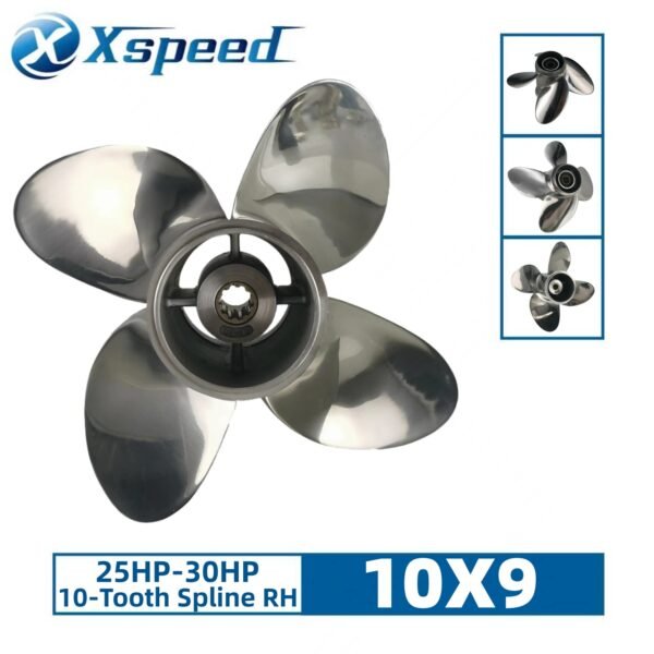 Johnson 10x9 Stainless Steel Propeller Replacement 4 Blade 10 Tooth RH 3" Gearcase 25-30HP Outboard Propeller