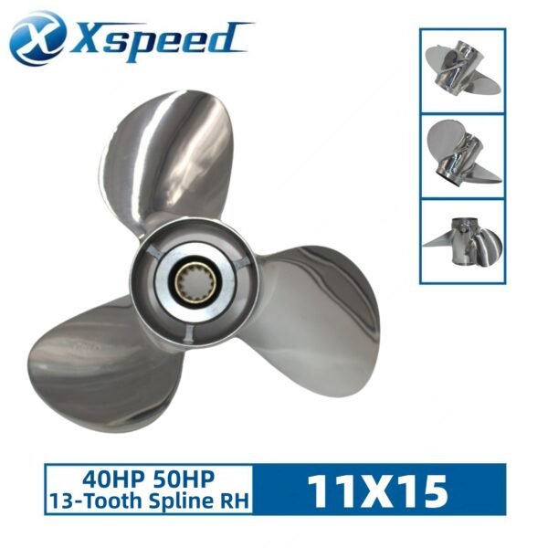 Johnson 11x15 Stainless Steel Propeller Replacement 3 Blade 13 Tooth RH 3-1/4" Gearcase 40 50HP Outboard Propeller