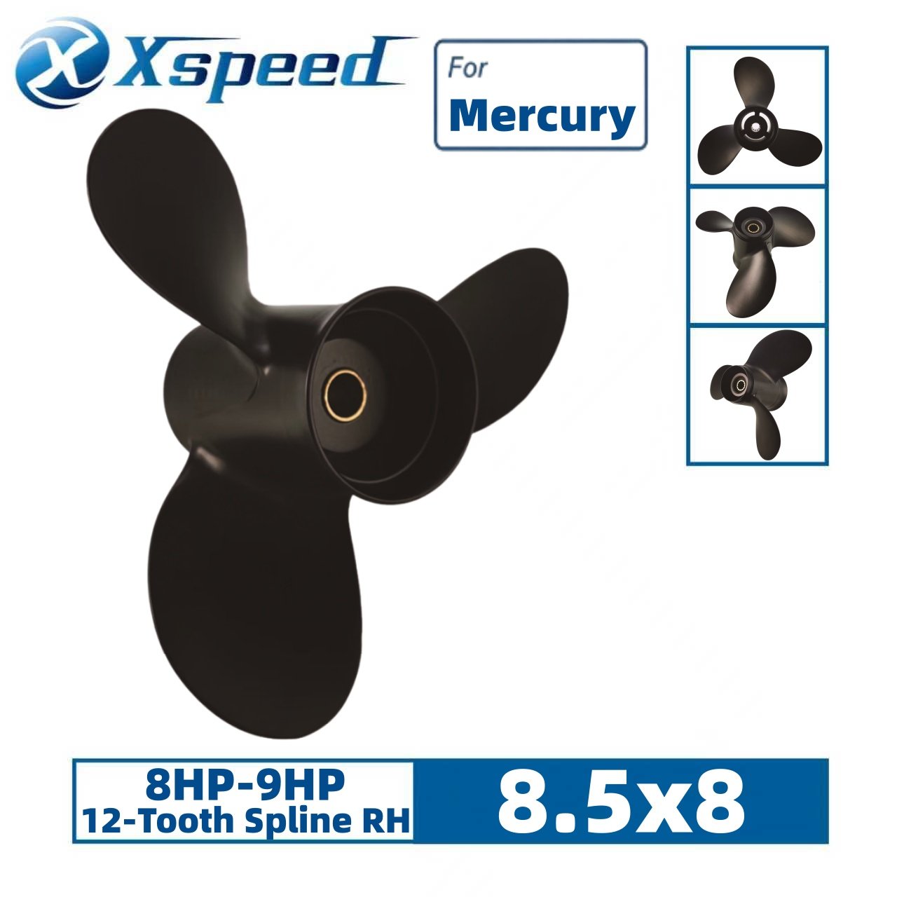 Mercury 8.5x8 Aluminum Propeller 3-Blade 12-Tooth RH 2-1/2" Gearcase 8-9HP - Front view