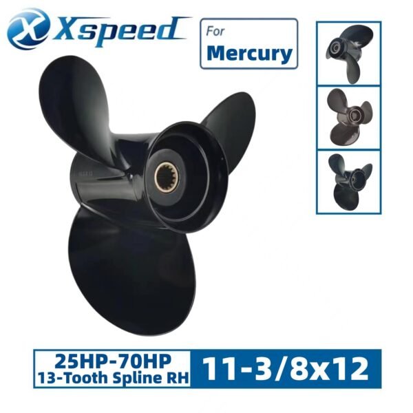 Mercury 11-3/8x12 Aluminum Propeller Replacement 3 Blade 13 Tooth RH 3-1/4" Gearcase 25-70HP Outboard Propeller