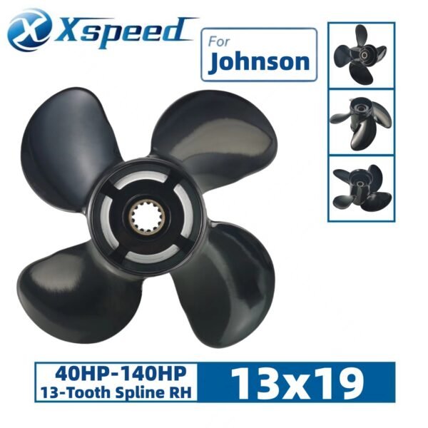Johnson 13x19 Aluminum Propeller 4-Blade 13-Tooth RH 4-1/4" Gearcase 40-140HP - Front view
