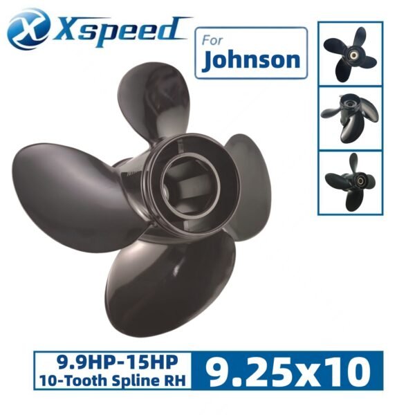 Johnson 9.25x10 Aluminum Propeller Replacement 4 Blade 10 Tooth RH 2-1/2" Gearcase 9.9-15HP Outboard Propeller