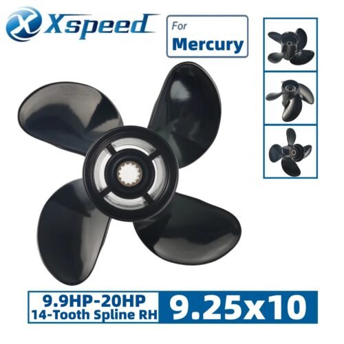 Mercury 9.25x10 Aluminum Propeller Replacement 4 Blade 14 Tooth RH 2-1/2" Gearcase 9.9-20HP Outboard Propeller