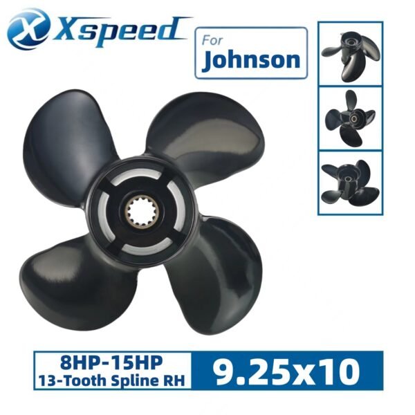 Johnson 9.25x10 Aluminum Propeller Replacement 4 Blade 13 Tooth RH 2-1/2" Gearcase 8-15HP Outboard Propeller