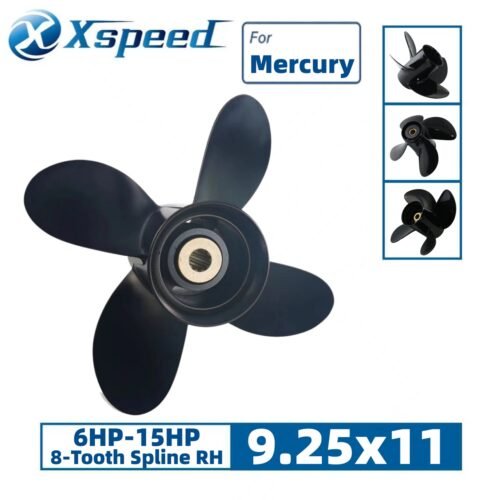 9.25x11 Mercury 9.25x11 Aluminum Propeller Replacement 4 Blade 8 Tooth RH 2-1/2" Gearcase 6-15HP Outboard Propeller