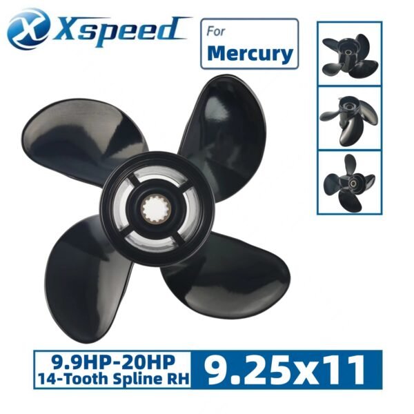 Mercury 9.25x11 Aluminum Propeller Replacement 4 Blade 14 Tooth RH 2-1/2" Gearcase 9.9-20HP Outboard Propeller