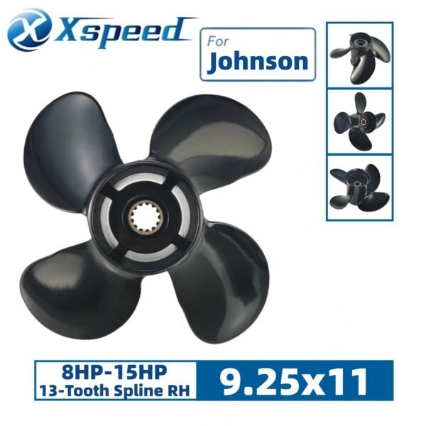 Johnson 9.25x11 Aluminum Propeller Replacement 4 Blade 13 Tooth RH 2-1/2" Gearcase 8-15HP Outboard Propeller