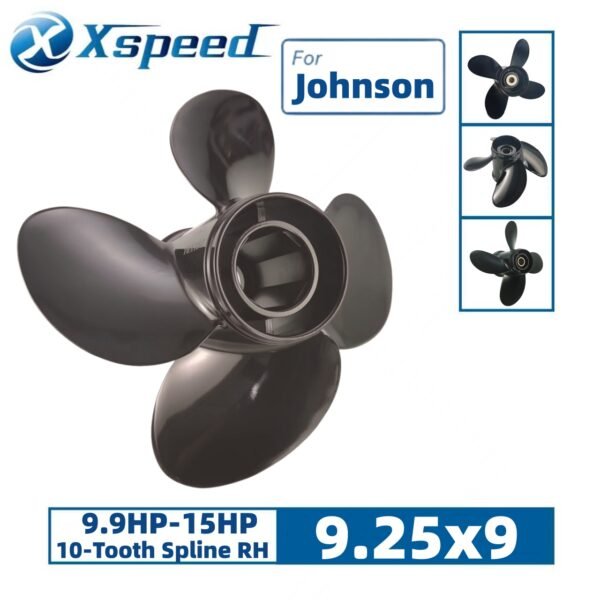 Johnson 9.25x9 Aluminum Propeller Replacement 4 Blade 10 Tooth RH 2-1/2" Gearcase 9.9-15HP Outboard Propeller