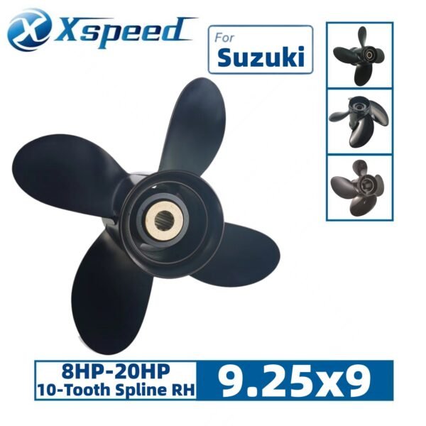 Suzuki 9.25x9 Aluminum Propeller Replacement 4 Blade 10 Tooth RH 2-1/2" Gearcase 8-20HP Outboard Propeller