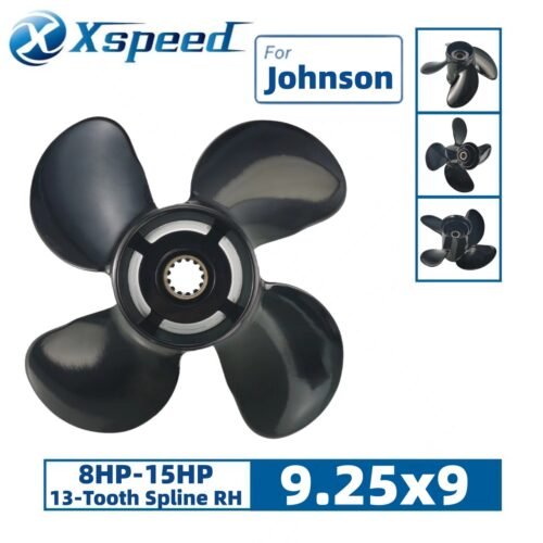 9.25x9 Johnson 9.25x9 Aluminum Propeller Replacement 4 Blade 13 Tooth RH 2-1/2" Gearcase 8-15HP Outboard Propeller