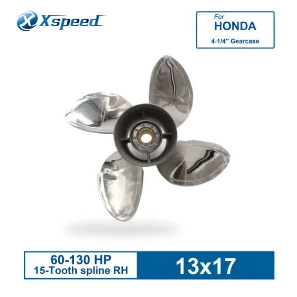 13x17 Stainless Steel Propeller for Honda Replacement for OEM 58134-ZW1-A17HR 4 Blade 15 Tooth RH 60-130HP Outboard Propeller