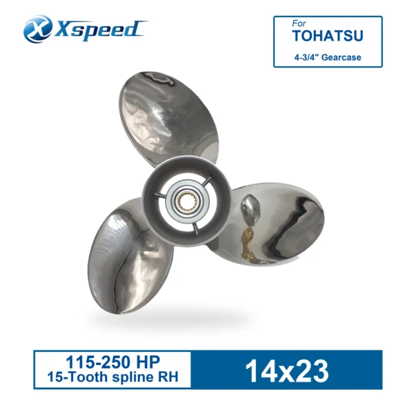 ICSER-140-23ON-TOH-1 Tohatsu 14x23 Stainless Steel Propeller Replacement with Hub Kit 3 Blade 15 Tooth RH 115-250HP Outboard Propeller