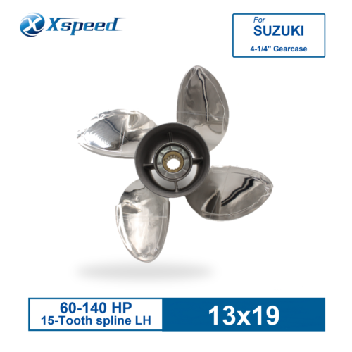 ICSDL-130F19OL-SUZ-1 Suzuki 13x19 Stainless Steel Propeller Replacement with Hub Kit 4 Blade 15 Tooth LH 60-140HP Outboard Propeller