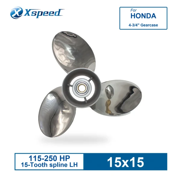 15x15 Stainless Steel Propeller for Honda Replacement for OEM 58130-ZY3-015BH 3 Blade 15 Tooth LH 115-250HP Outboard Propeller