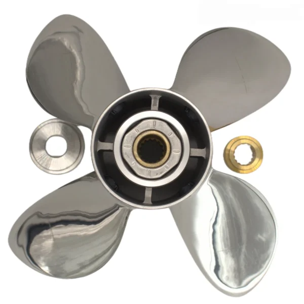He567a138b98847a48495f9638c84953cT-12.webp Mercury 15 1/4x20 Stainless Steel Propeller Replacement with Hub Kit 4 Blade 15 Tooth RH 150-300HP Outboard Propeller