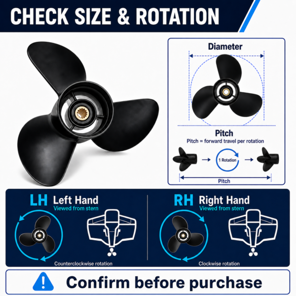 XS-Y150300-BLACK-SS-image-03-check-size-rotation-v8-lh-reference Xspeed Stainless Steel Outboard Propeller for Yamaha 150-300HP, 15 Tooth Spline, 4-3/4" Gearcase, 3 Blade Marine Propeller