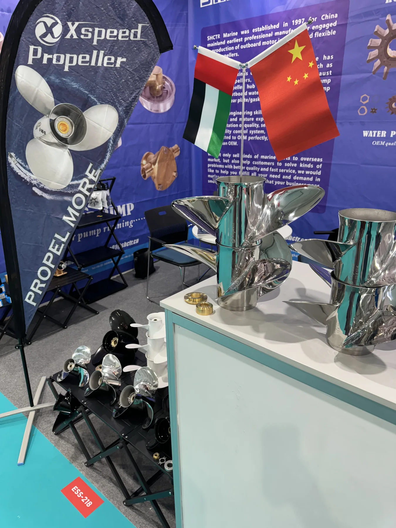 Polished Xspeed stainless steel propellers displayed at Dubai International Boat Show
