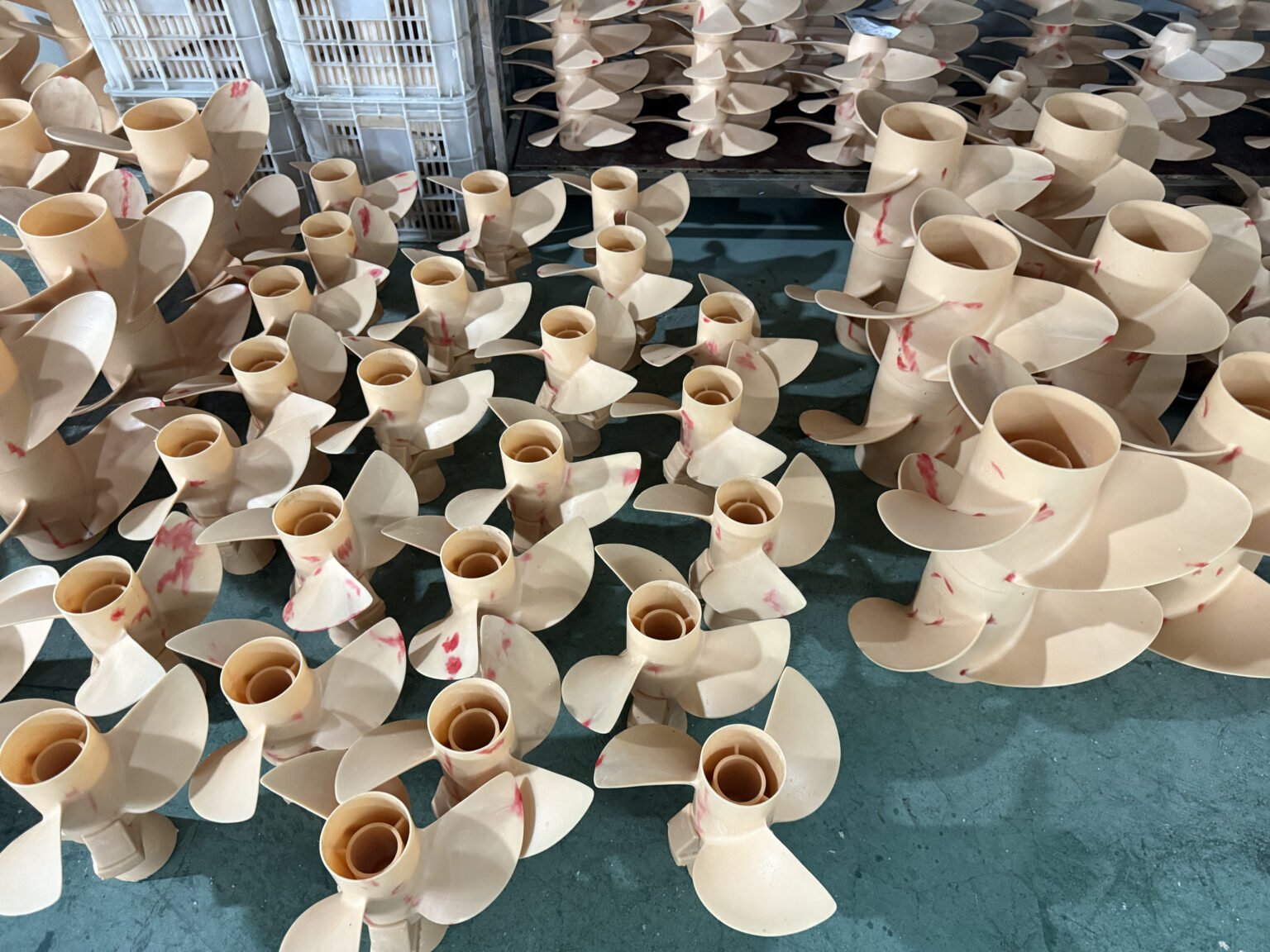 Propeller wax patterns prepared for investment casting at Xspeed Marine factory