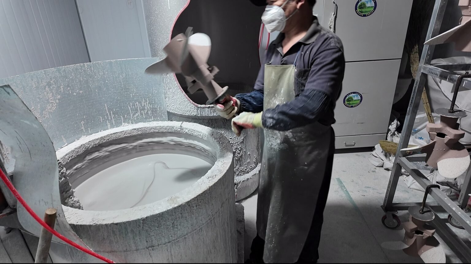 Worker building ceramic shells for stainless steel propeller casting