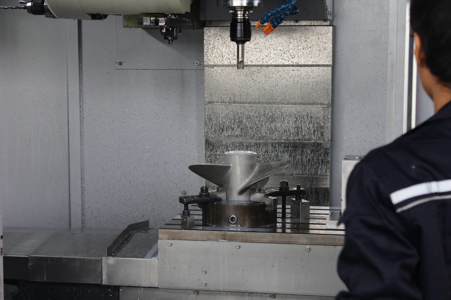 CNC machining a stainless steel propeller at Xspeed Marine factory