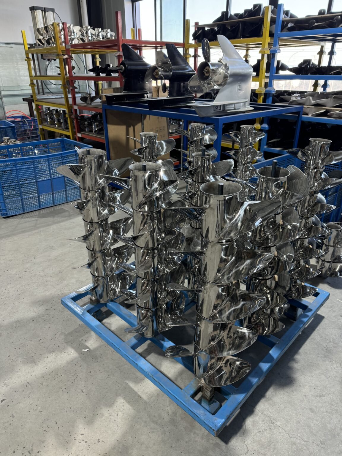Polished stainless steel propeller components ready for final review
