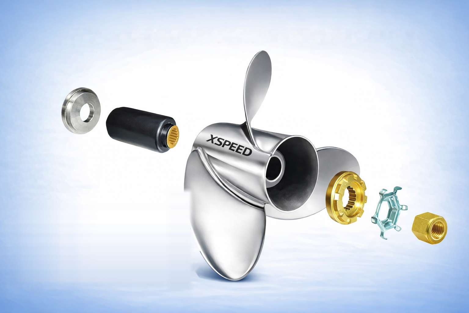 Original exploded view of an interchangeable hub propeller and hub components