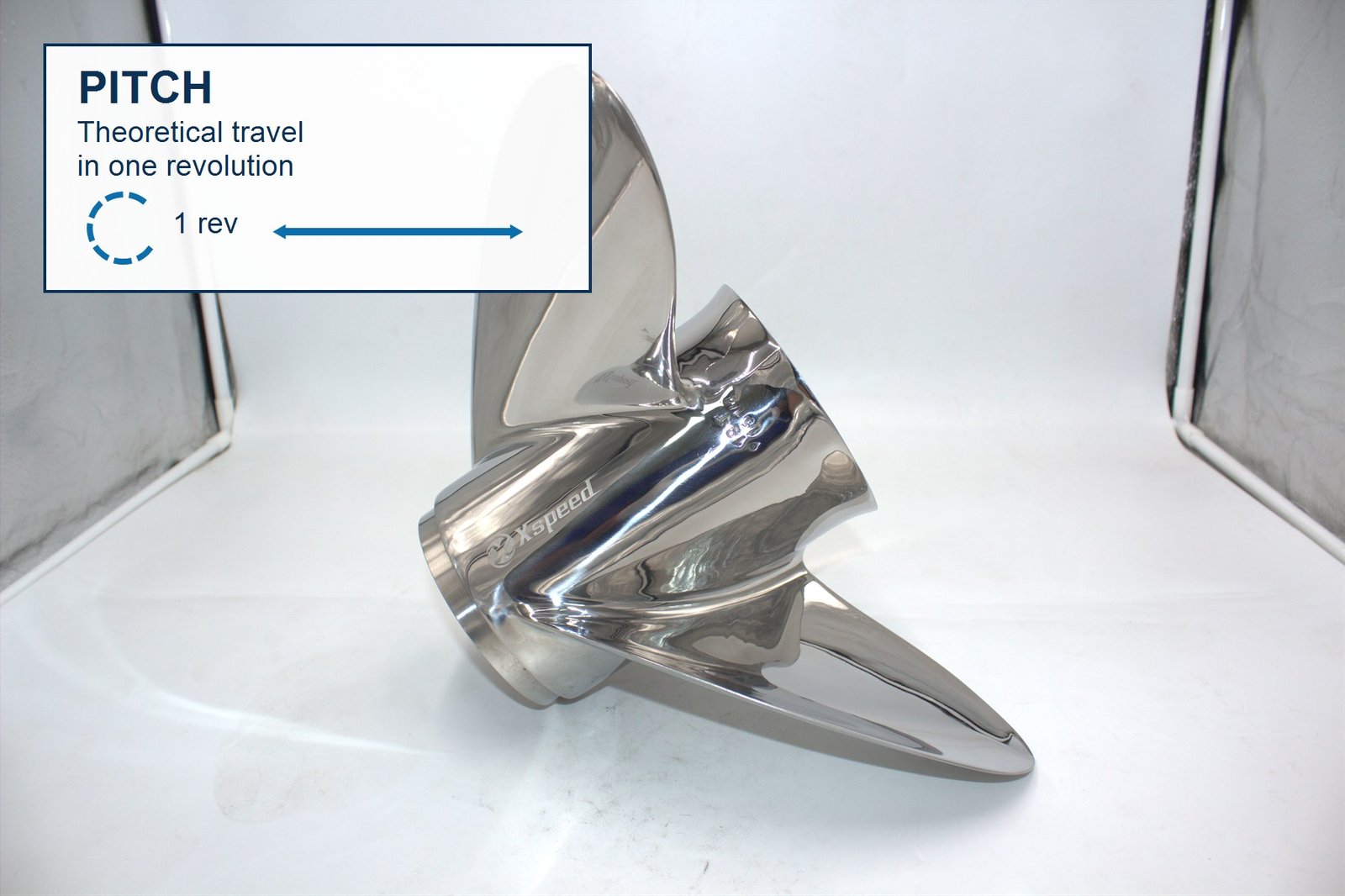 Side view of an Xspeed stainless steel propeller with pitch described as theoretical travel in one revolution